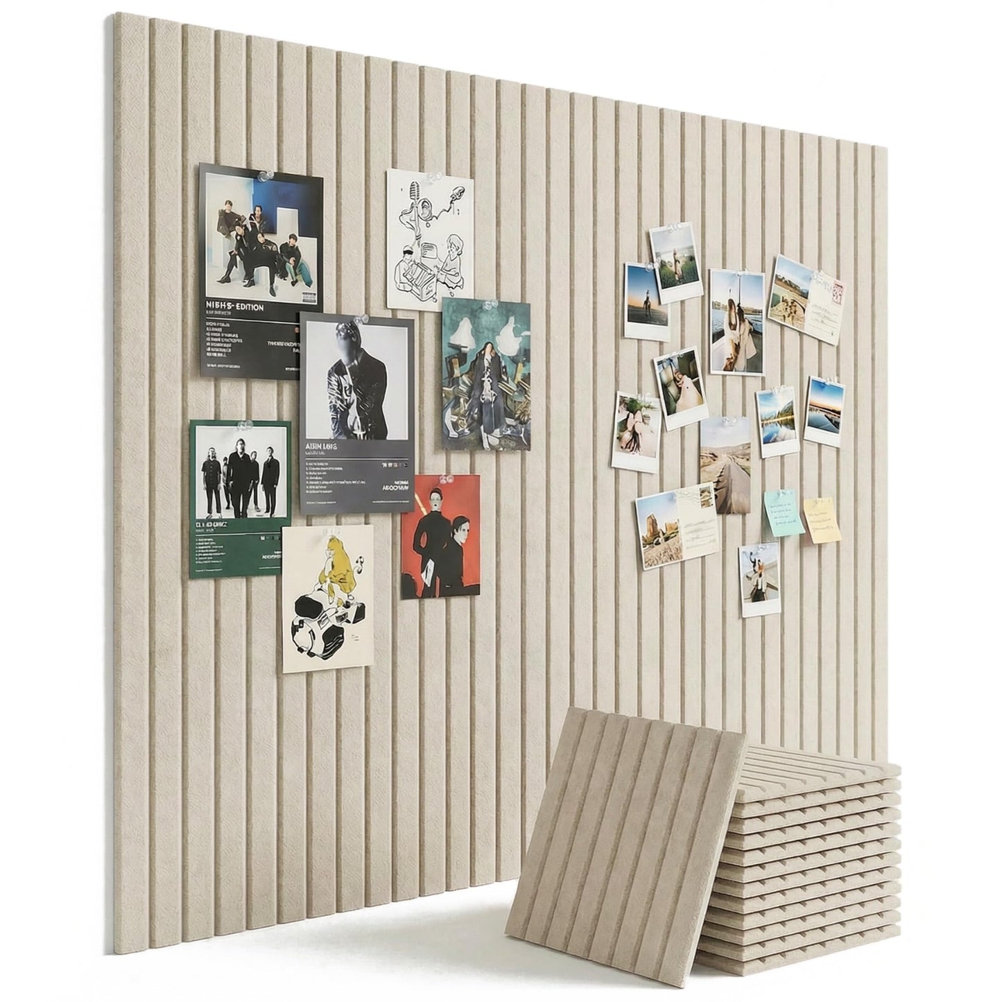 Aothia 12-Pack Felt Bulletin Board Tiles 48"x36", Modular Pin Board for Smooth Walls, Cork Board Alternative for Notes & Photos, 0.35" Thick, 70 Adhesive Tabs & 40 Pins, Oatmeal