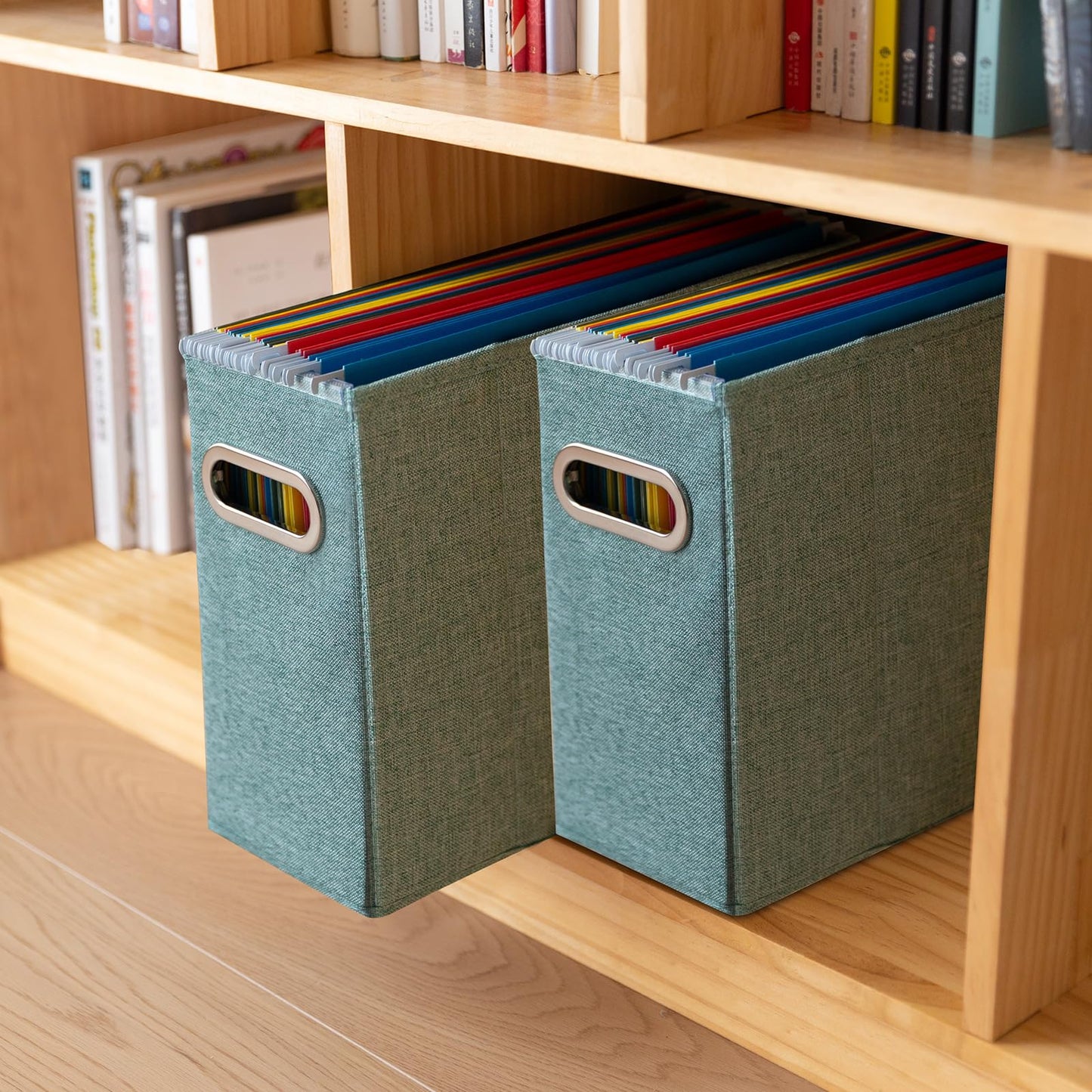 ComfortKeeper 4 Packs Letter Size File Organizer, File Folders Organizer, Fabric Storage Box, Collapsible Paper Organizer with Metal Handle, Smooth PVC Rails, Only Box (Green)