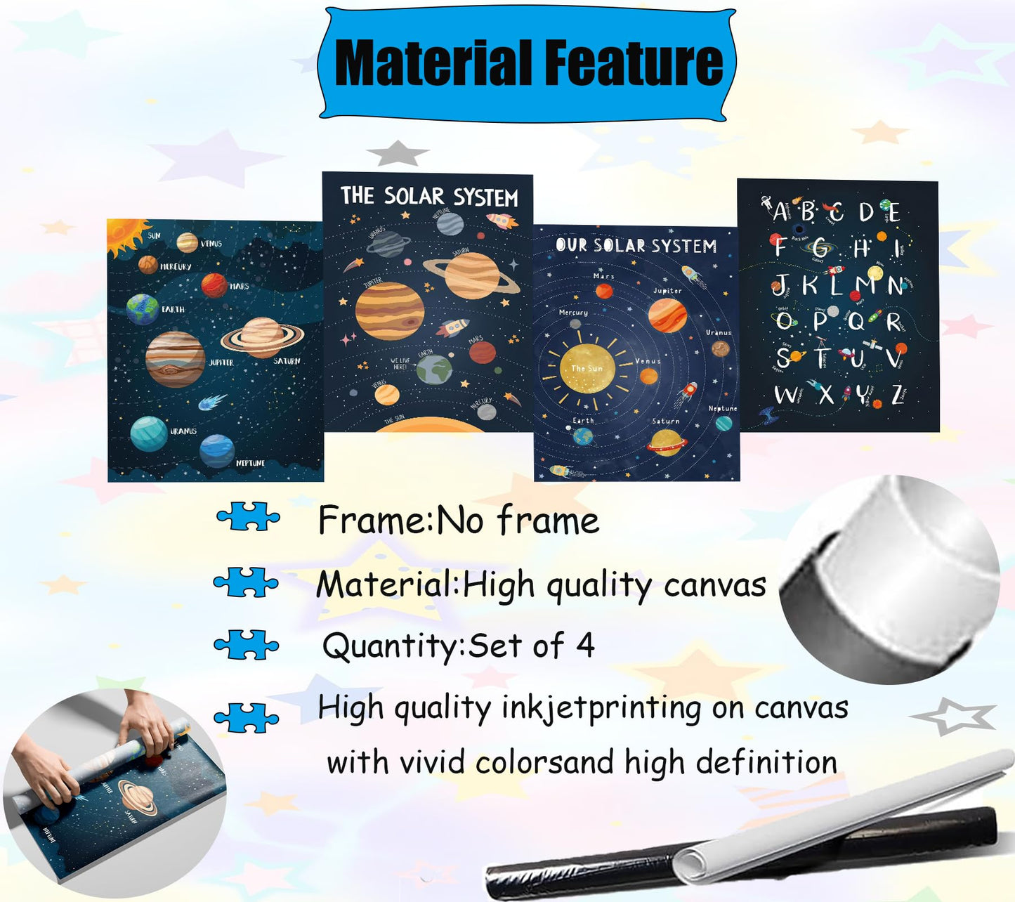 4Pcs Space Nursery Canvas Wall Art, Preschool Education Painting Picture Wall Decor, Solar System Poster Print Artworks for Classrooms, Nurseries, Children's Rooms, Playrooms, Home Decoration 12x16in