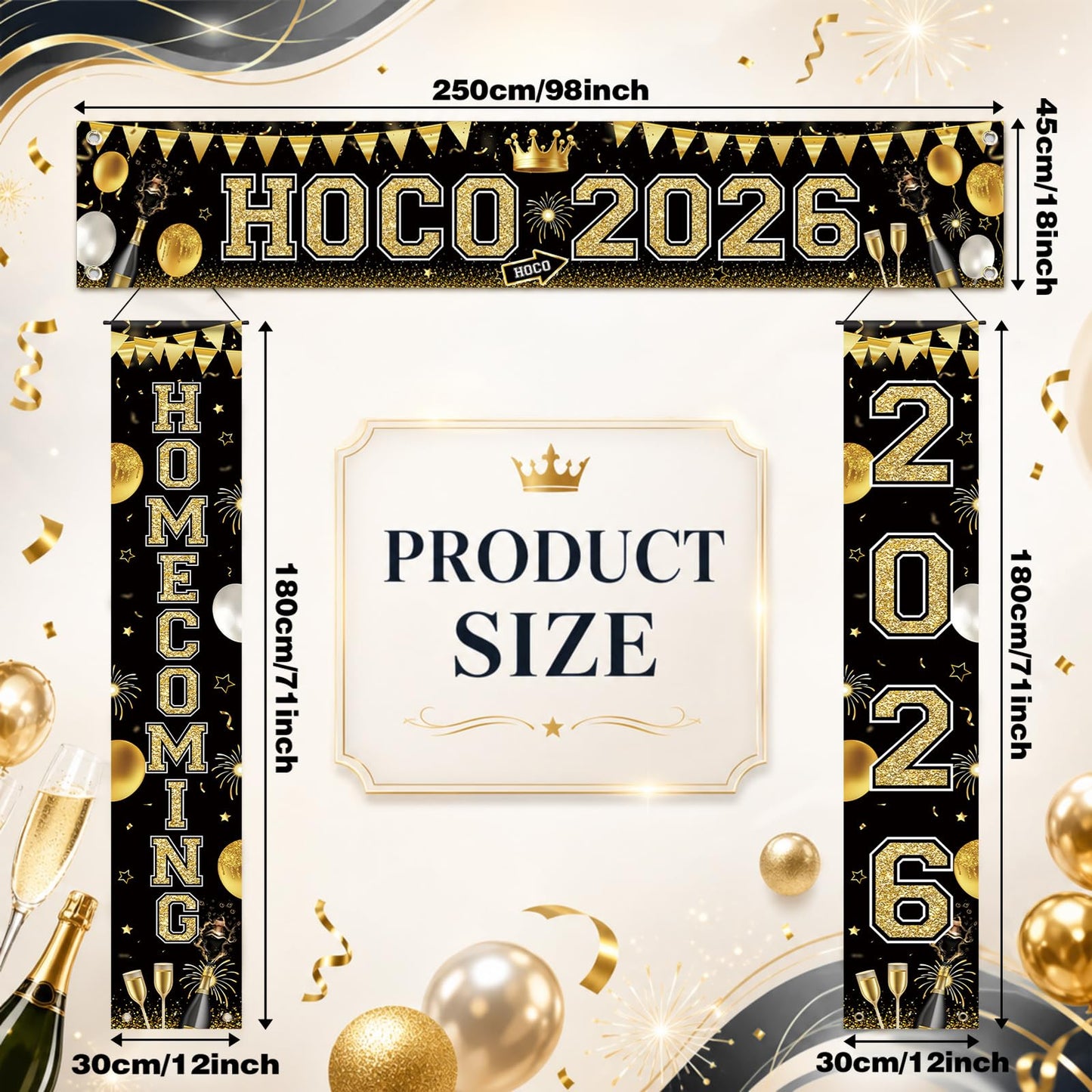 Fanfanwin 3 Pcs Hoco 2026 Banner Decorations for Hoco Party 2026 Black and Gold Homecoming 2026 Banner Yard Decorations for Homecoming Dance Party Background Supply