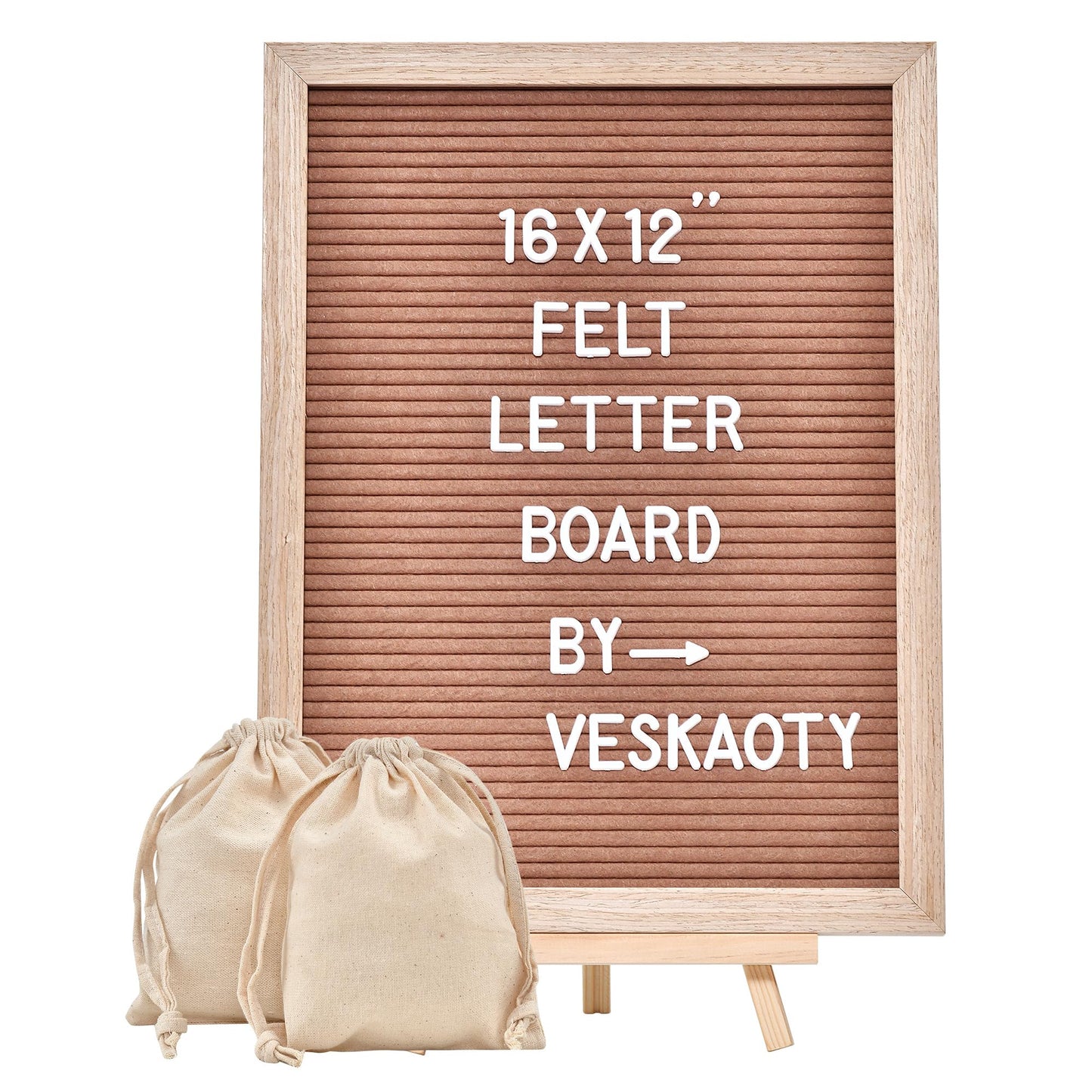 Felt Letter Board with 402 Letters, Numbers & Symbols - 12 x 16 inch Large Changeable Message Board with Wooden Frame Wall Mount Hook, 2 Canvas Bags, Wood Stand (Brown)