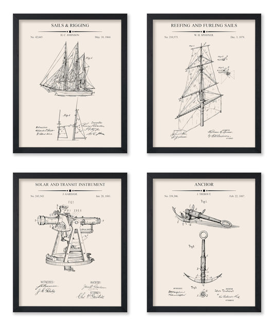 Monem Art 4-Piece Vintage Sailing Blueprint Poster - Ship Patent Print - Sails & Rigging Art - Reefing & Furling Sails & Transit Design - Anchor Print - Office Wall Decor - 8x10 UNFRAMED Wall Art