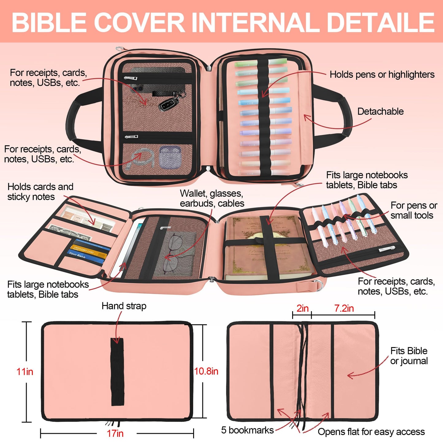 LAOTANGJIA Bible Cover,Pink Large Bible Bag for Women, Study Supplies Journaling Kit Book Carrying Case with Bible Highlighters Shoulder Strap Christian Gifts