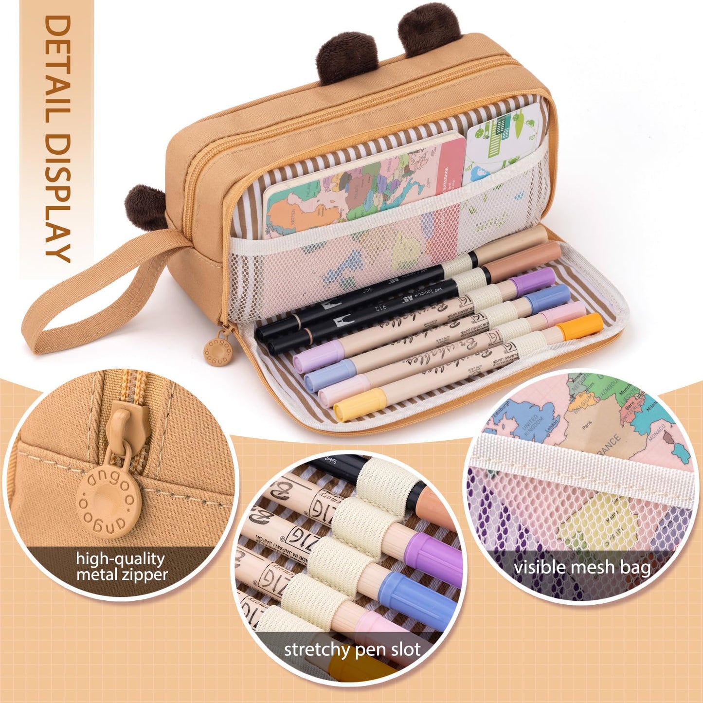 CICIMELON Cartoon Pencil Case, Large Capacity Pen Pouch with Embroidered Animal Design, School Supplies Bag for Kids, Teens, Students (Brown Capybara)