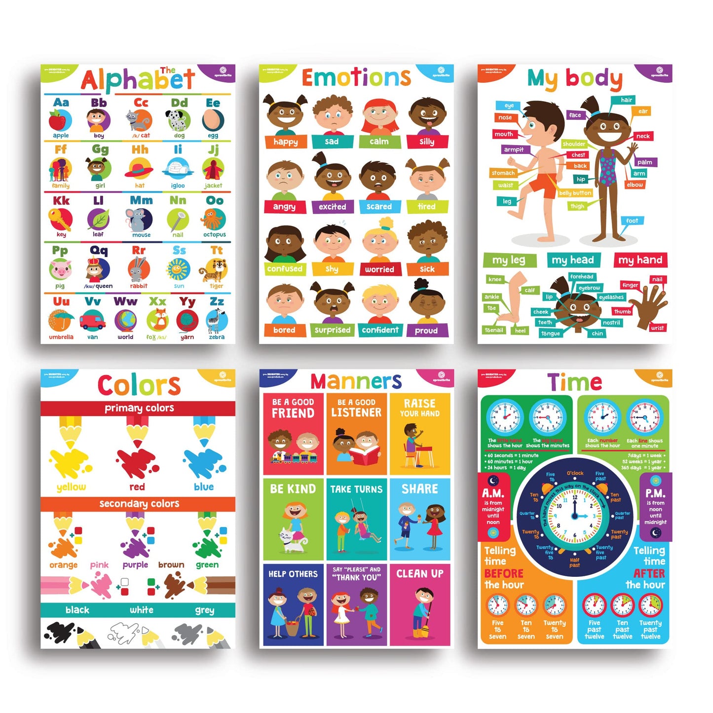 Sproutbrite 18 (12"x16") Complete Educational Poster Bundle for Toddlers - Colorful Charts for Preschool, Kindergarten & Homeschool Motivation - Inspired Learning Charts That Transform Walls Into Daily Teaching Tools