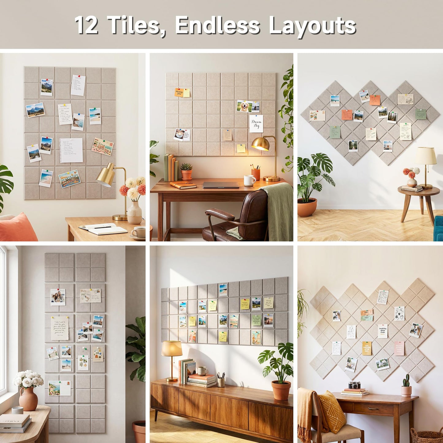 MISSDAY Oatmeal Acoustic Wall Panel Felt Bulletin Board 48" x 36" Cork Board for Wall, 12-Pack Boards with 72 Removable Adhesive Tabs, 50 Pins, Pin Board for Home Office Classroom Soundproof Wall Tile
