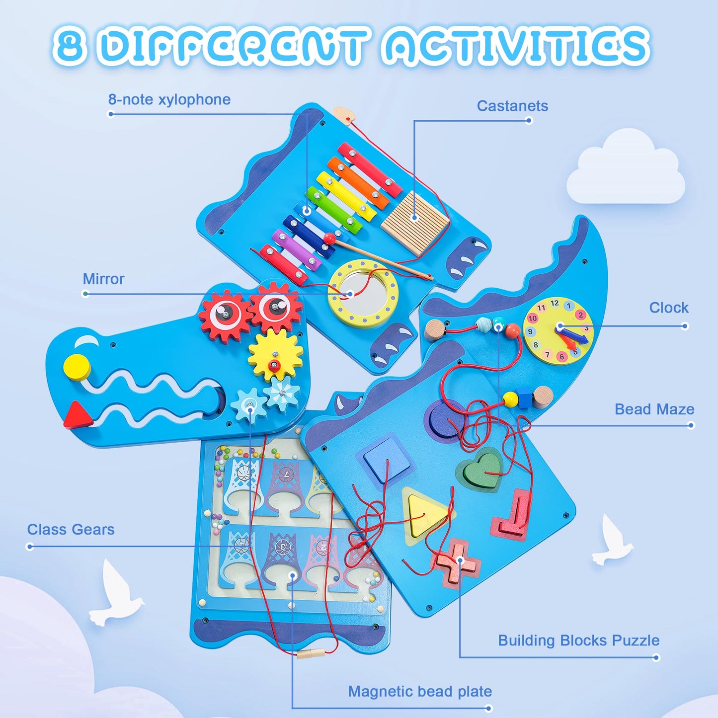 nigwet Crocodile Sensory Toys Activity Wall Panels, Educational Montessori Busy Board for Toddlers, Activity Cube - Sensory Wall, Wooden Learning Toys, Interactive Toy, Blue