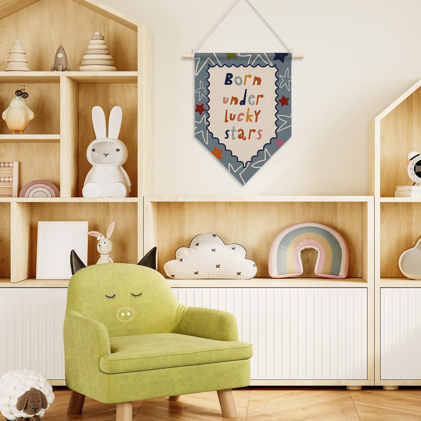 RUKUPA Kids Room Wall Art Decor, Boy Girl Nursery Hanging Pennant Flag, Born Under Lucky Stars Nursery Wall Art Poster Hanger for Kids Toddler Room Playroom Bedroom Classroom Decor, 11x15 Inch