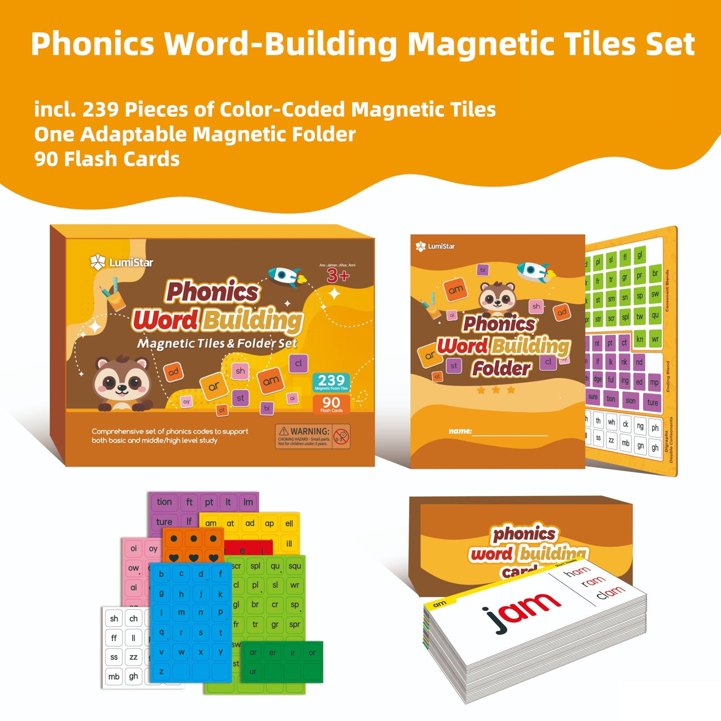 Phonics Word Building Magnetic Tiles Set Phonics Manipulatives Magnetic Letter Tiles Phonemic Awareness Science of Reading Educational Learning Kit with 239 Foam Tiles, 90 Flash Cards, Magnetic Folder