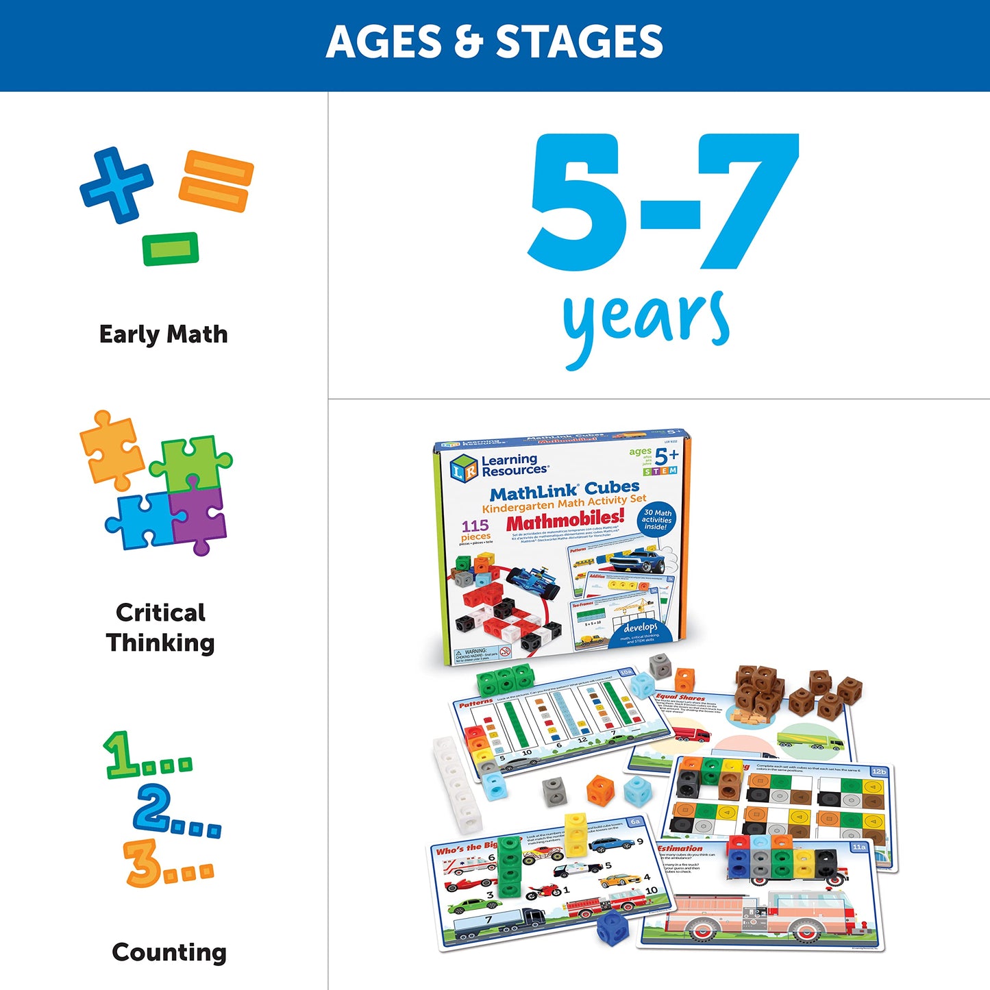 Learning Resources MathLink Cubes Kindergarten Math Activity Set: Mathmobiles 115 Pieces, Ages 5 and Up Kindergarten STEM Activities, Math Activity Set and Games for Kids