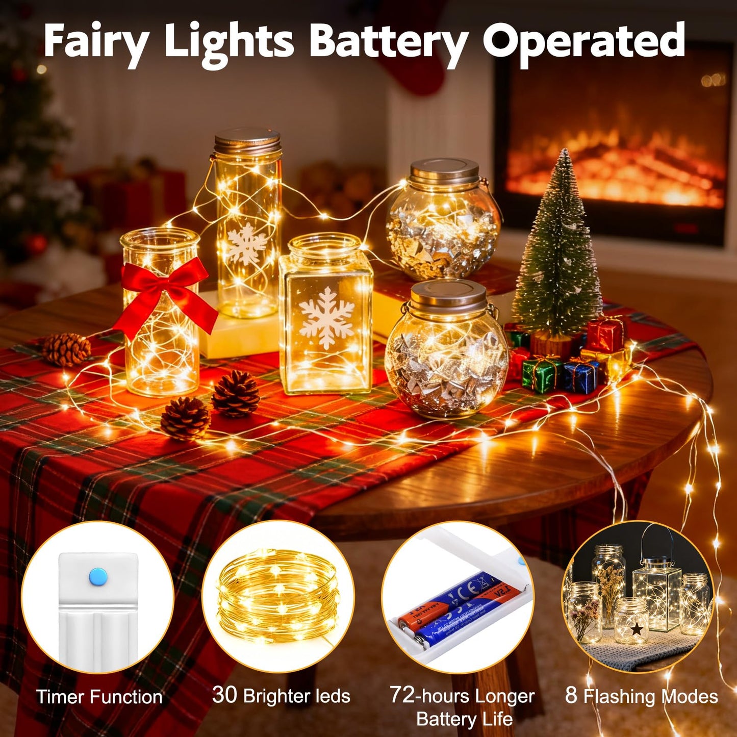 ANGMLN 10 Pack Fairy Lights, 30 LED String Lights, 10 Ft, Battery Operated, 8 Modes, Waterproof, Warm White, Model DX123
