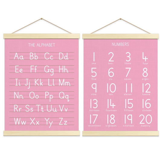 Numbers Alphabet Poster for Toddlers,Educational Wall Chart for Nursery Kids Learning, Homeschool & Playroom Decor and Bedroom for Wooden Hanger Frame Set of 2, 12x18 Inch - A04