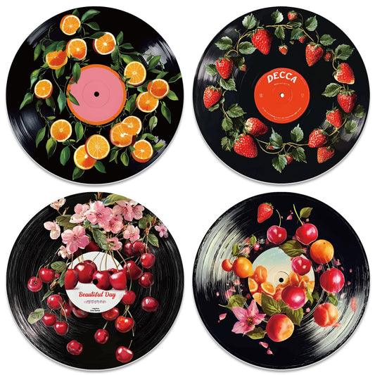 DOODLREAM 4PCS Fruits Vinyl Record Wall Decor 12" Hippy Botanical Wall Art Posters for Room Aesthetic, Strawberry Orange Cherry Retro Record Decor for Music Party Studio Living Room DIY Craft Project