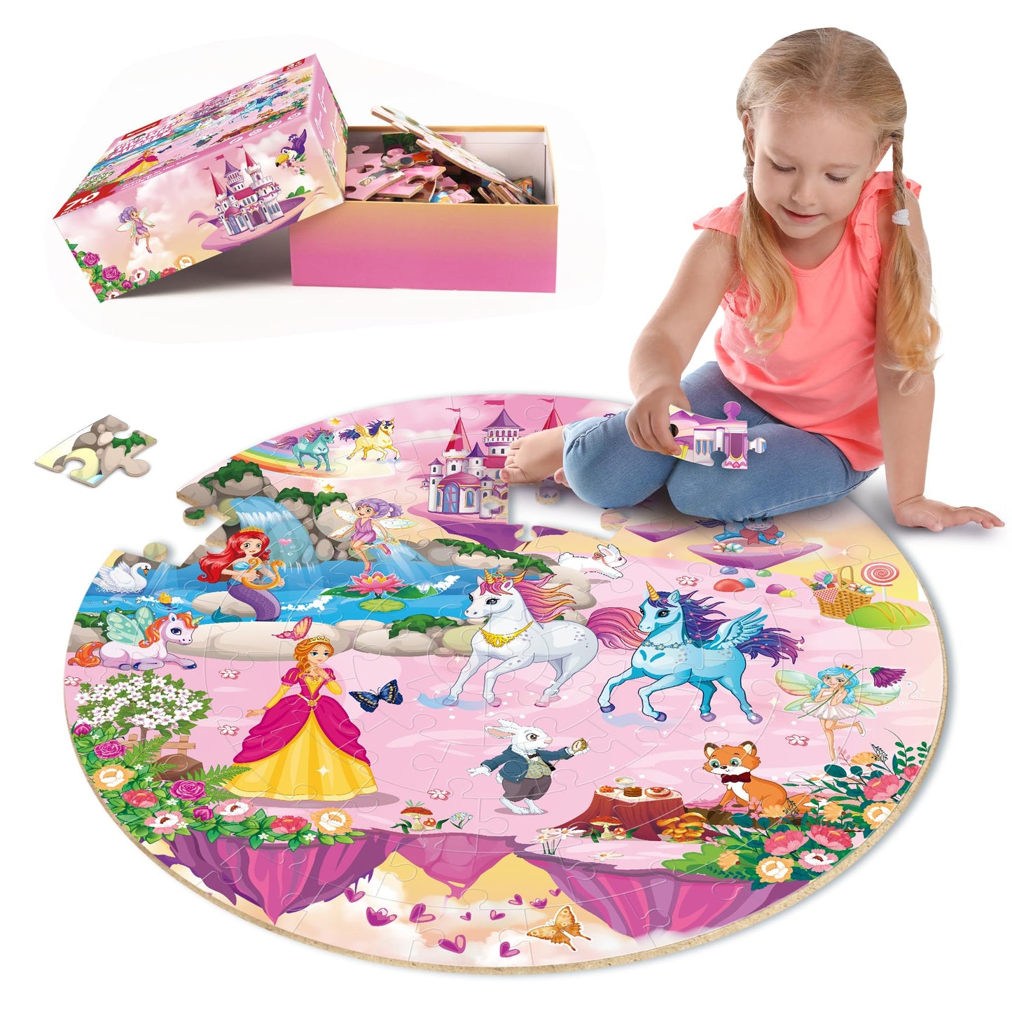SYNARRY Unicorn Princess Mermaid Fairy Floor Puzzle for Kids Ages 3-5, Large 70 Piece Wooden Puzzle for Kids Ages 4-6, Preschool Toys Gifts for 3 4 5 6 7 8 Years Old Boys Girls Children