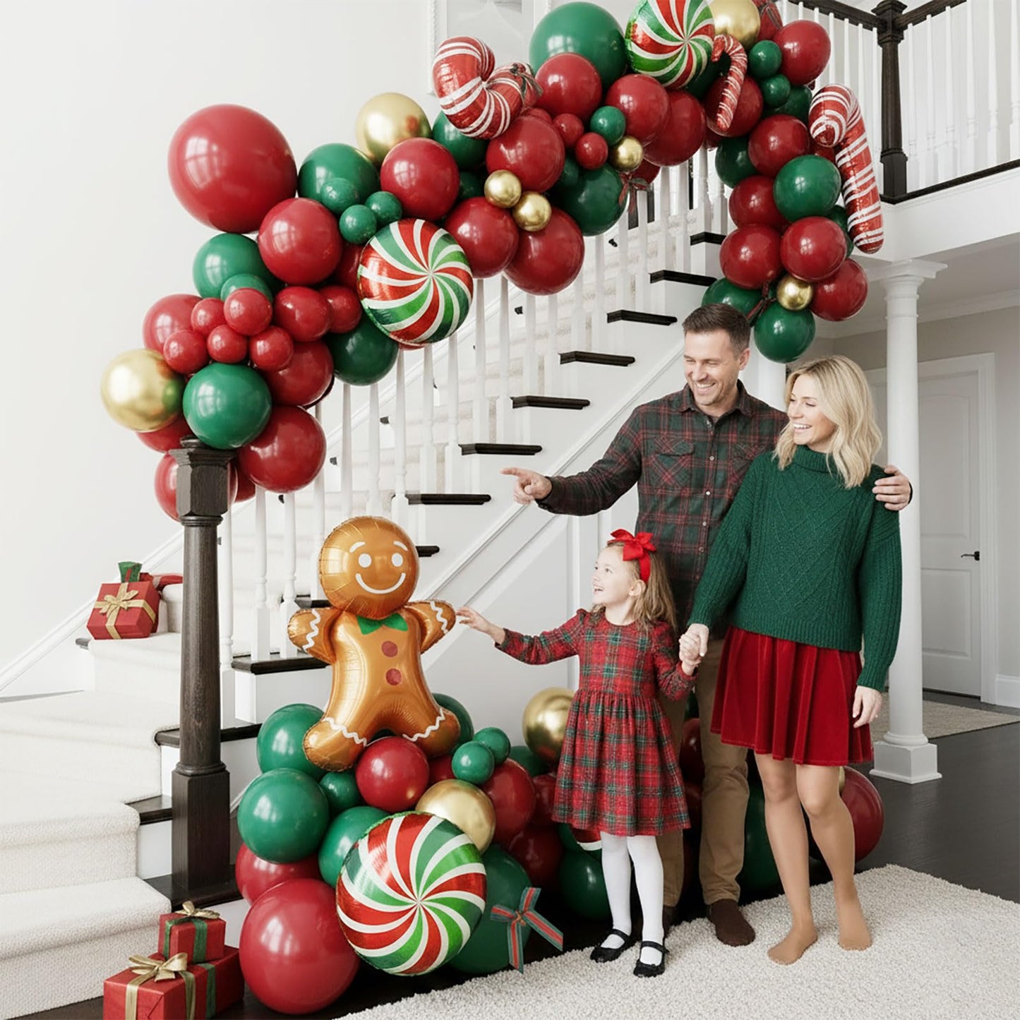 Christmas Balloon Garland Arch Kit with bow Xmas Gold Red Green Balloons Candy Cane Gift Box Gingerbread Man Foil Balloons for Christmas New Year Birthday Party Decorations