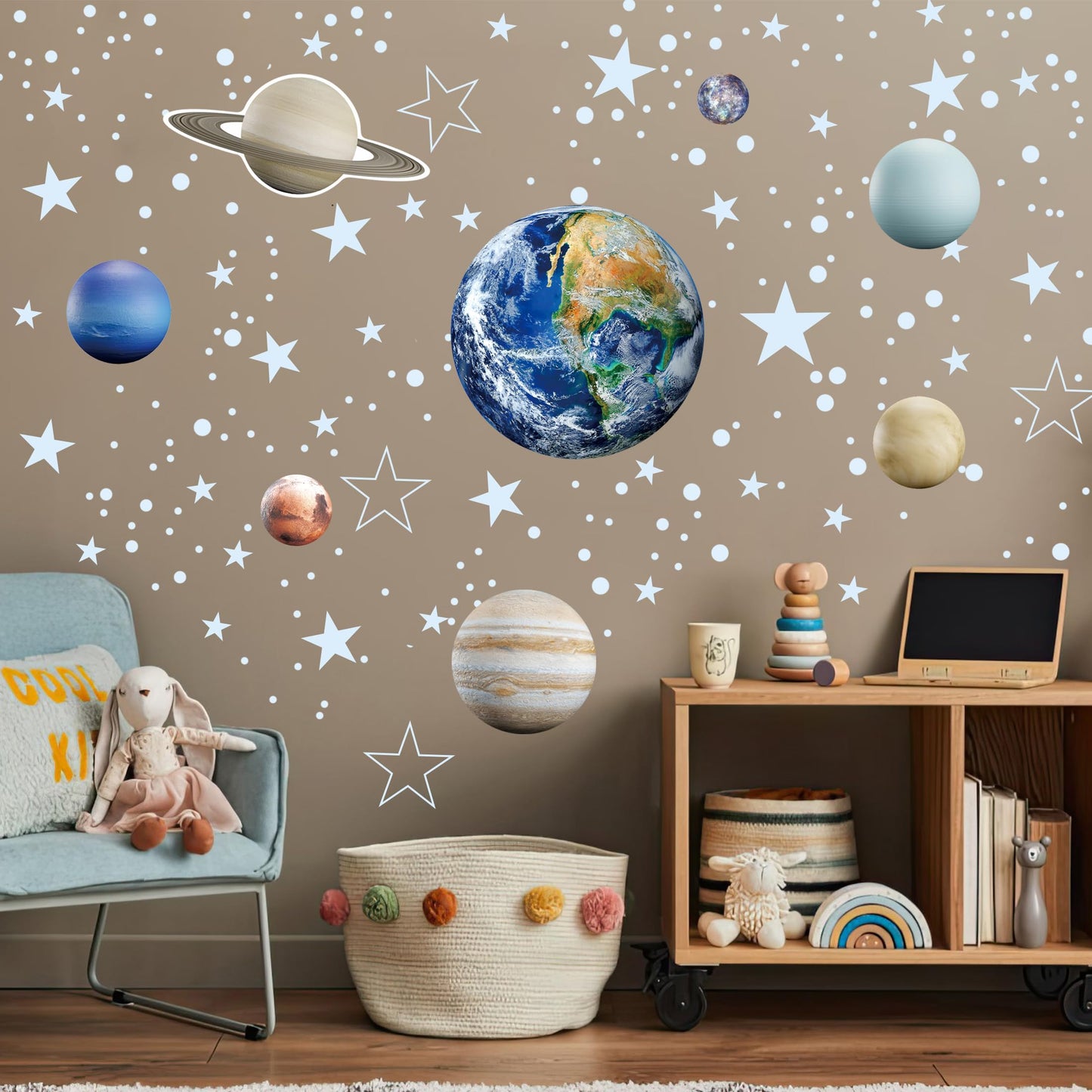 Glow in The Dark Stars Solar System Wall Decals, The Earth Wall Stickers for Bedroom, Baby Nursery Planets Sticker Decoration for Ceiling (Blue)