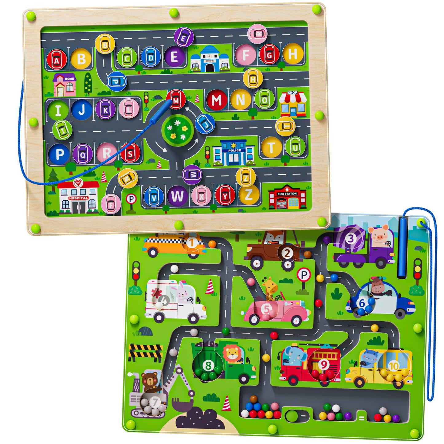 2 in 1 Magnetic Color and Number Maze Double-Sided ABC Alphabet Puzzles Board Magnet Dinosaur Counting Maze Preschool Learning Montessori Education 3 4 5 Years Toys (Car, One Size)