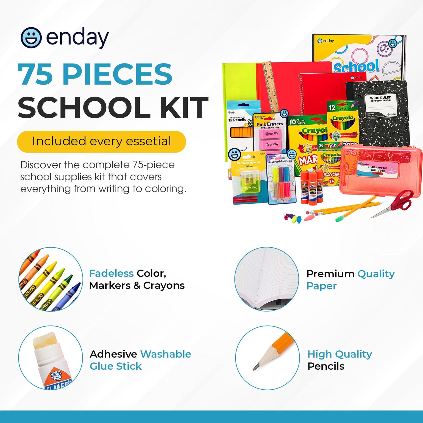 Enday Back to School Supplies Kit - Grades K-5, 83 Piece Back to School Supplies Kit, Kindergarten School Supplies Kids for Girls & Boys