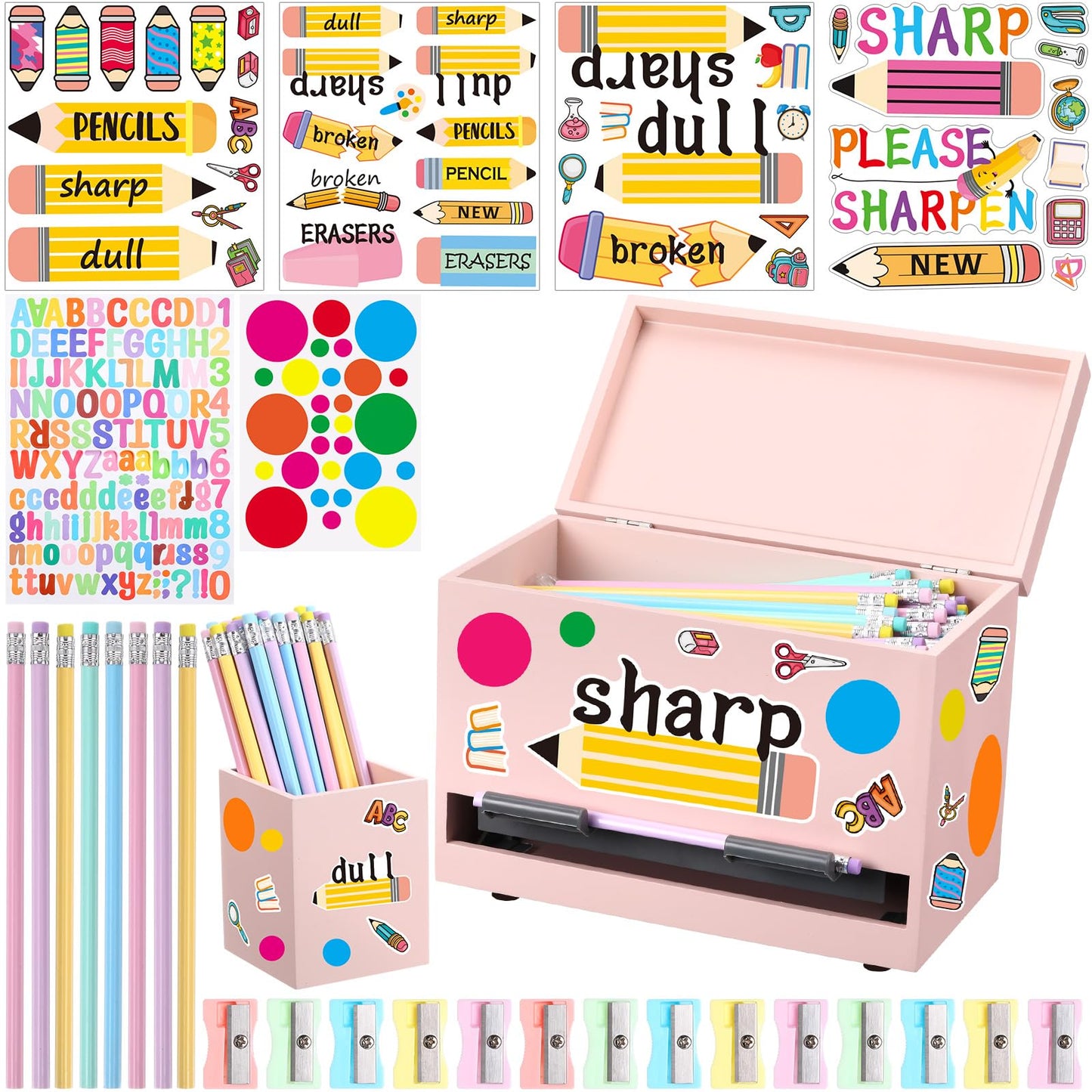 Watersay 108 Pcs Pencil Dispenser Kit for Classroom Wooden Sharp and Dull Pencil Holder 50 Pencils 50 Sharpener 6 Sticker Classroom Teacher Must Have Straw Dispenser for Back to School(Light Pink)