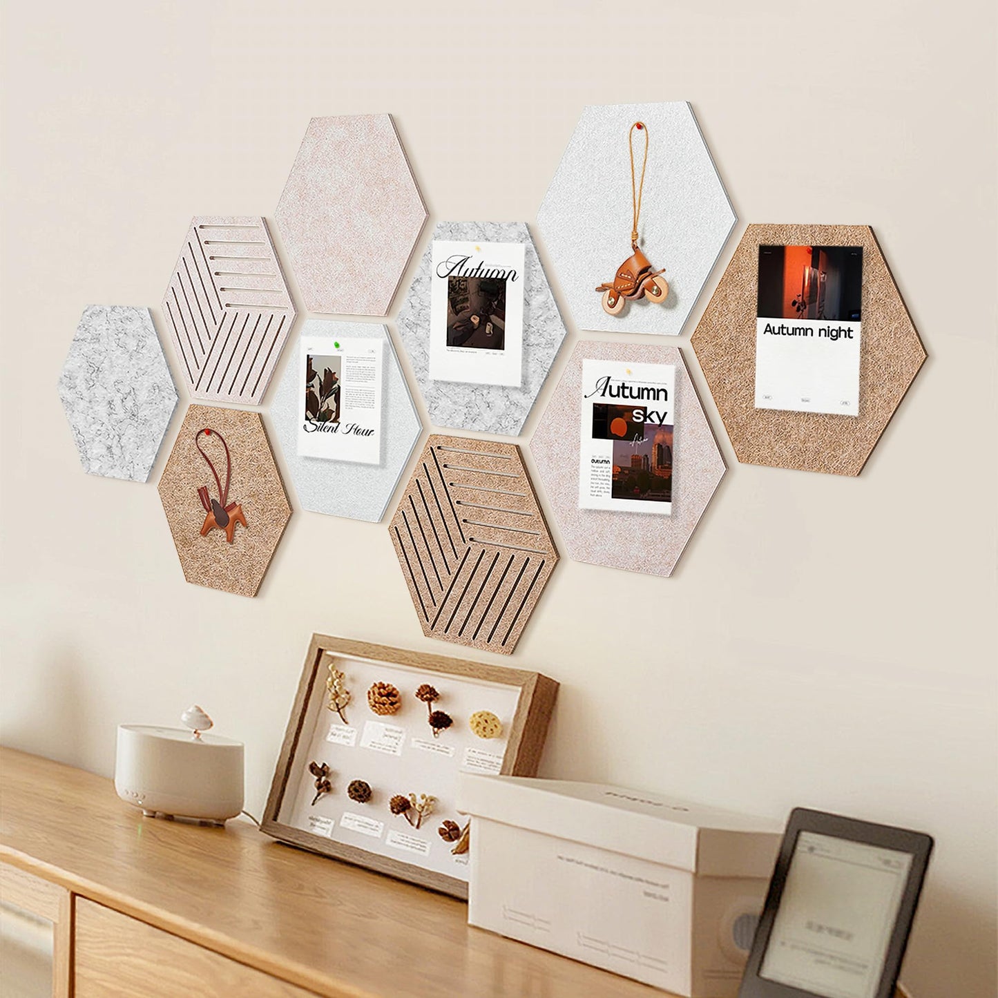 10 Pack Hexagon Cork Board Tiles Alternative, 12'' Fully Self-Adhesive Modern Felt Bulletin for Wall Decor, Frameless Pin Board for Office, Renter-Friendly Decorative Hexagon Corkboard with 30 Pins