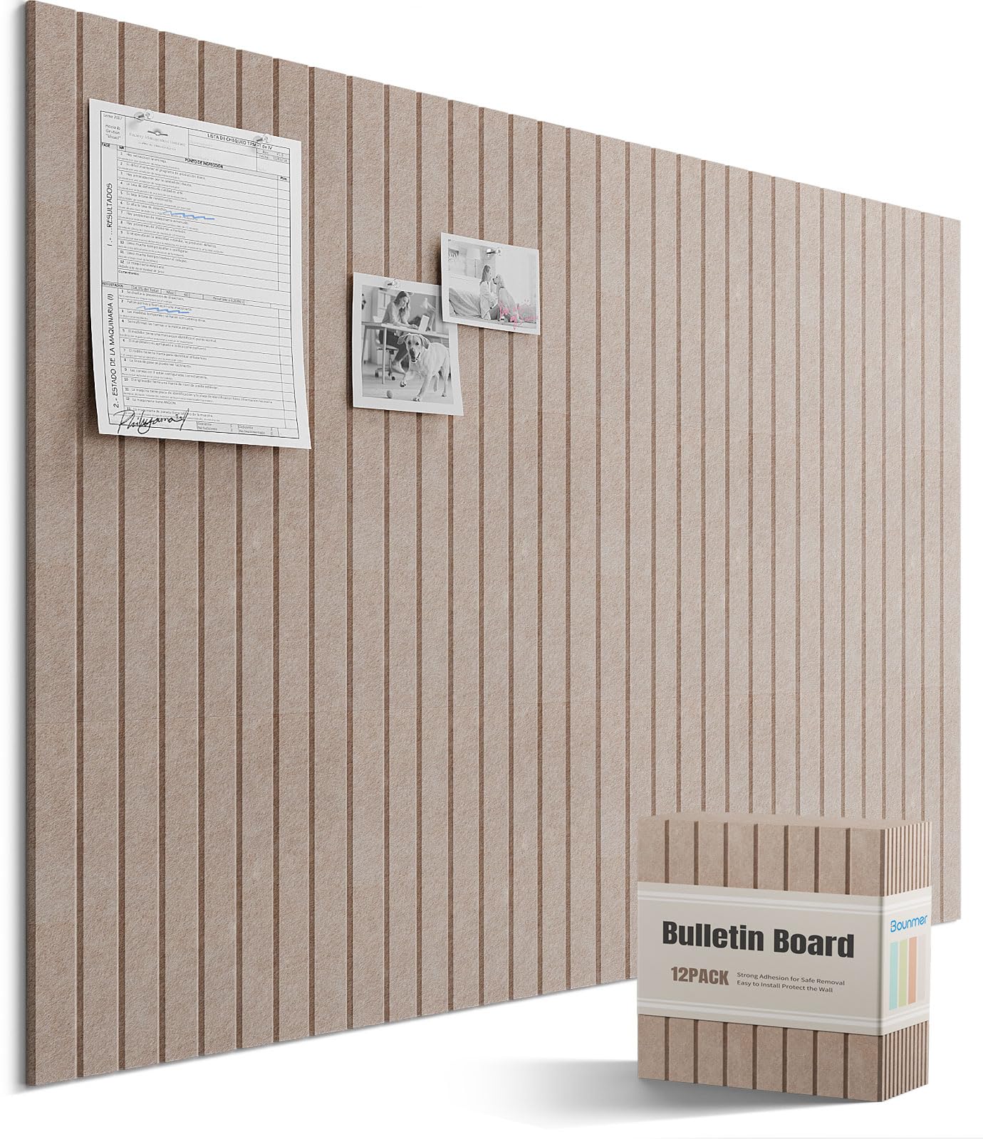 Bounmer Large Cork Board Alternative 48“ x 36”, 12-Pack Felt Bulletin Board Tiles with 60 Safe Removable Adhesive Tabs & 30 Pushpins, Cork Boards for Office Walls Decor (Taupe)
