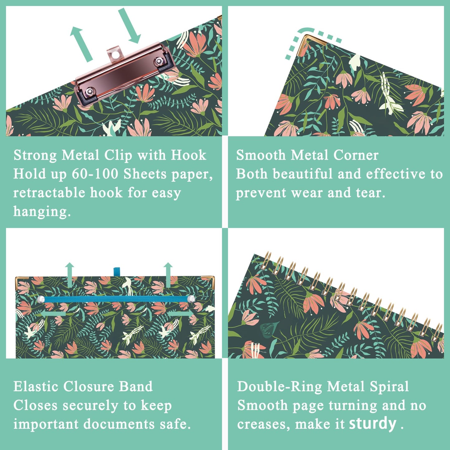 HAUTOCO Clipboard Folio with Refillable Notepad for Letter Size (11" x 8.5"), 5 Dividers with 10 Pockets, Elastic Pen Holder and File Folder Labels, Spiral Nurse Clipboard Artboard(Flower Bird)