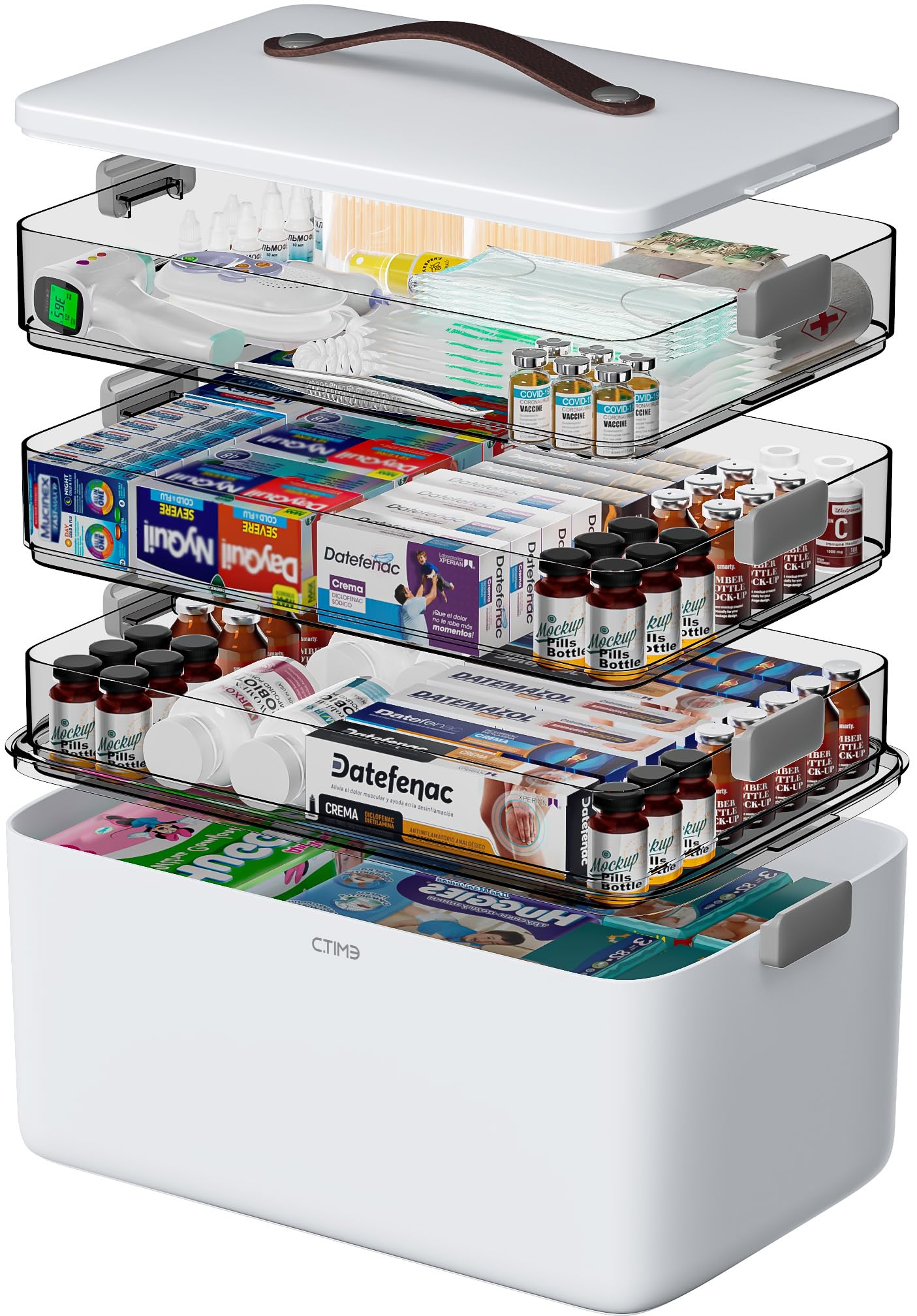 CTIME 4-Tier XL Medicine Organizer - Portable Medicine Cabinet with Leather Handle, Empty First Aid Kit for Home Organization Must, School, Dormitory, Travel, RV, Dorm, Ideal Elderly Gift