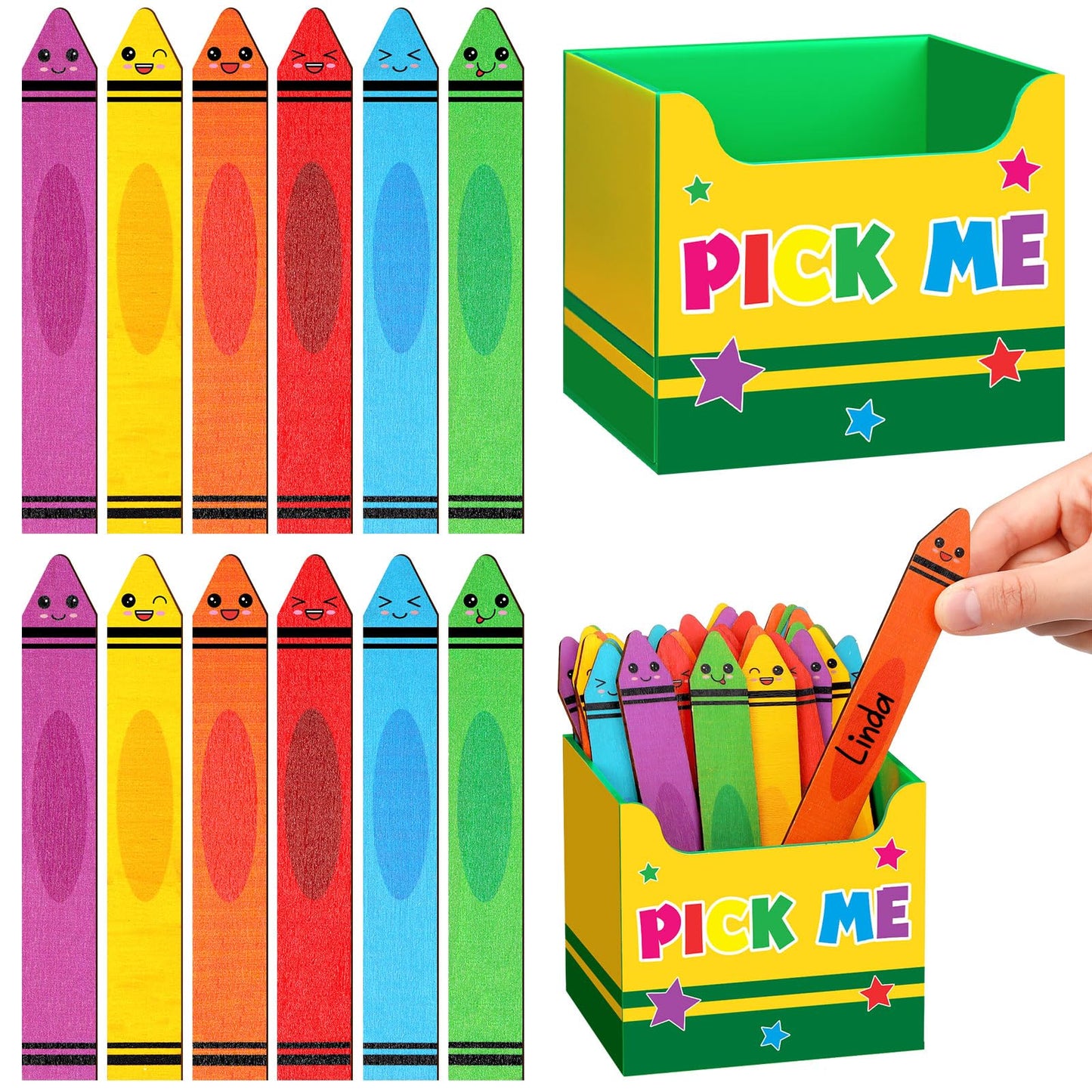 Eaasty 37 Pcs Back to School Crayon Flip Name Sticks with Pick Me Box Crayon Classroom Talking Flip Sticks for Classroom Management Tool Teacher Essentials Student Educational and Learning Activities
