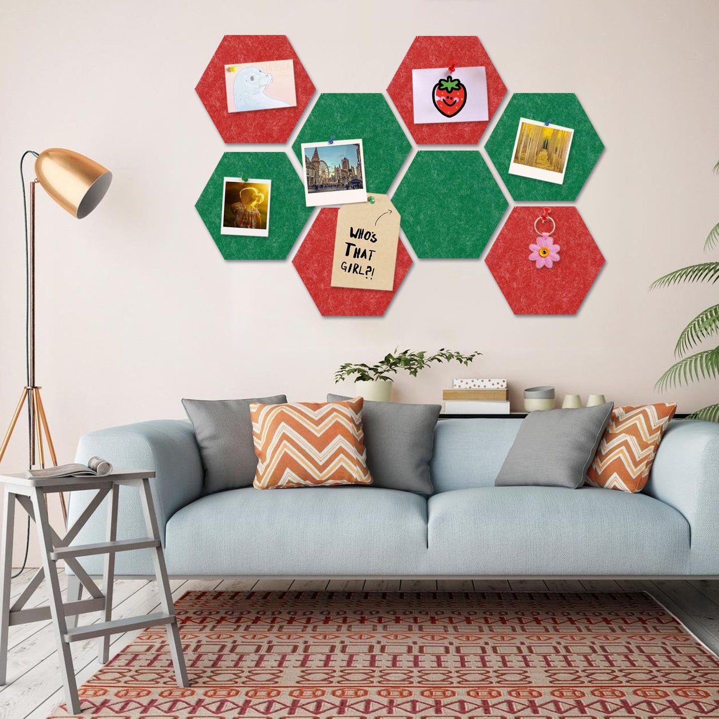 8 Packs Red Green Hexagon Felt Pin Board, 12" Bulletin Board with 30 Push Pins, Felt Board for Home Kitchen Office Decor, Self-Adhesive Corkboard Tiles for Walls Message Photos Memos Display