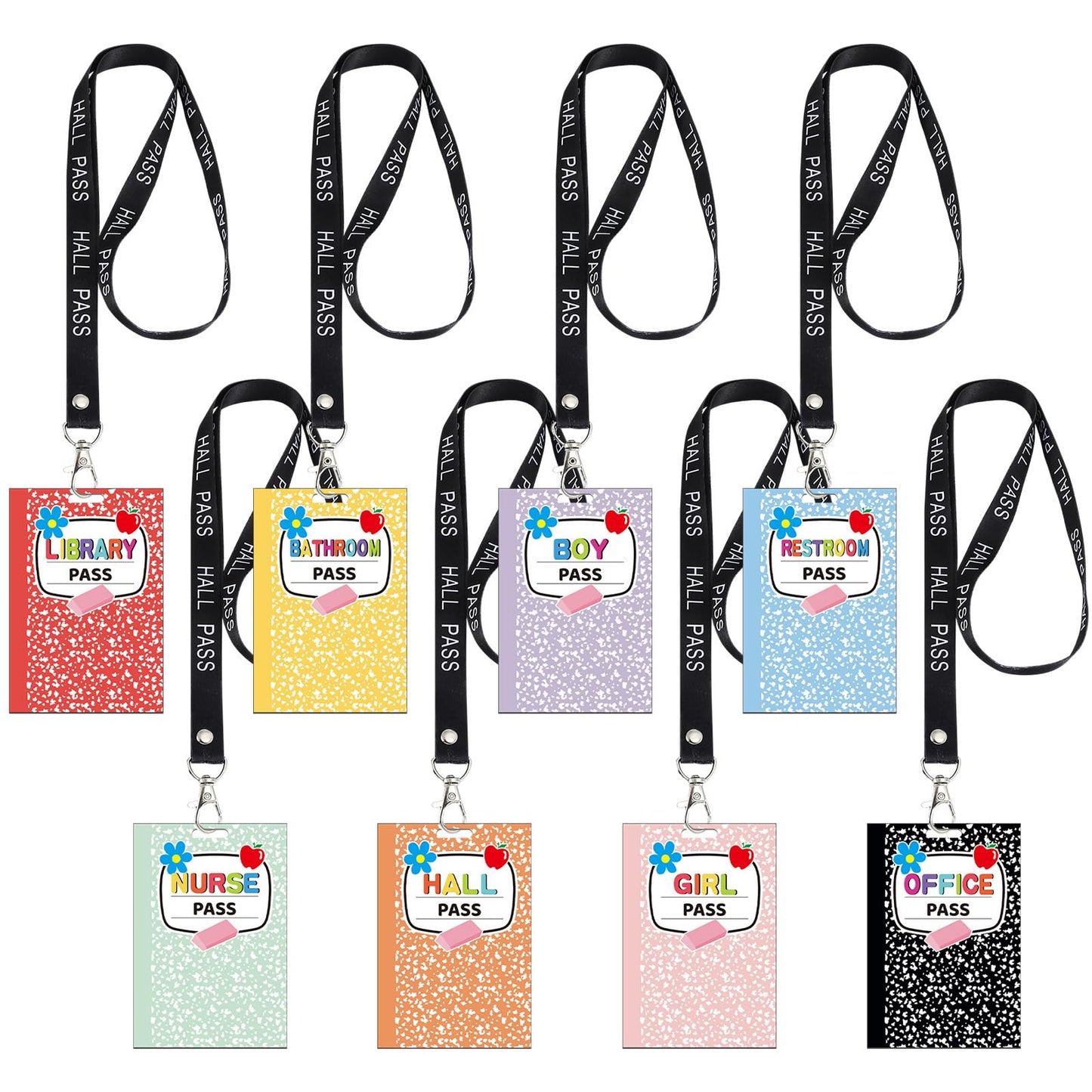 Fuyoooo 16 Set Colorful Composition Notebook Hall Pass Lanyards Unbreakable PVC Rainbow Classroom Passes with Lanyards Bathroom Boy Girl Library Hall Office Nurse Pass 2.4 x 3.5