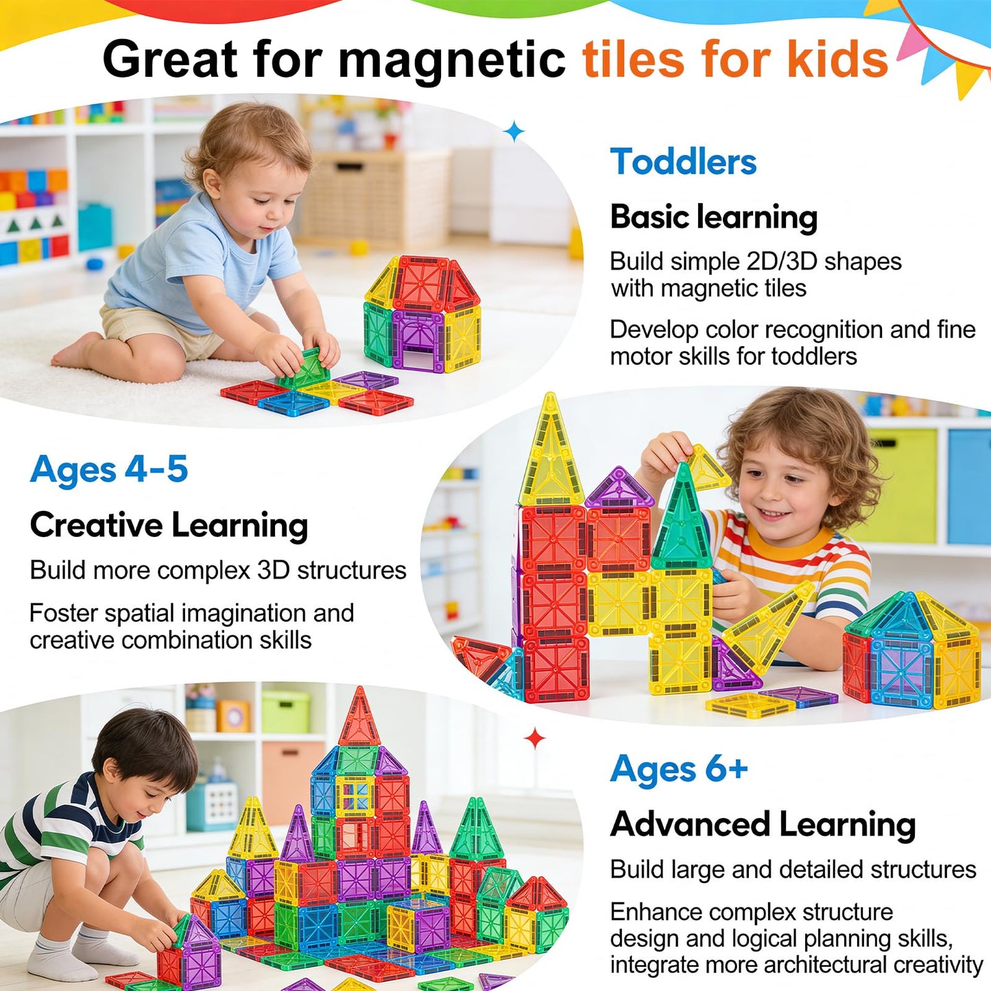 orientfire 34 PCS Mini Magnetic Tiles with Metal Storage Box,Magnetic Building Tiles,STEM Approved Educational Travel Magnetic Tiles for Kids Ages 3-8 Christmas Birthday Gifts