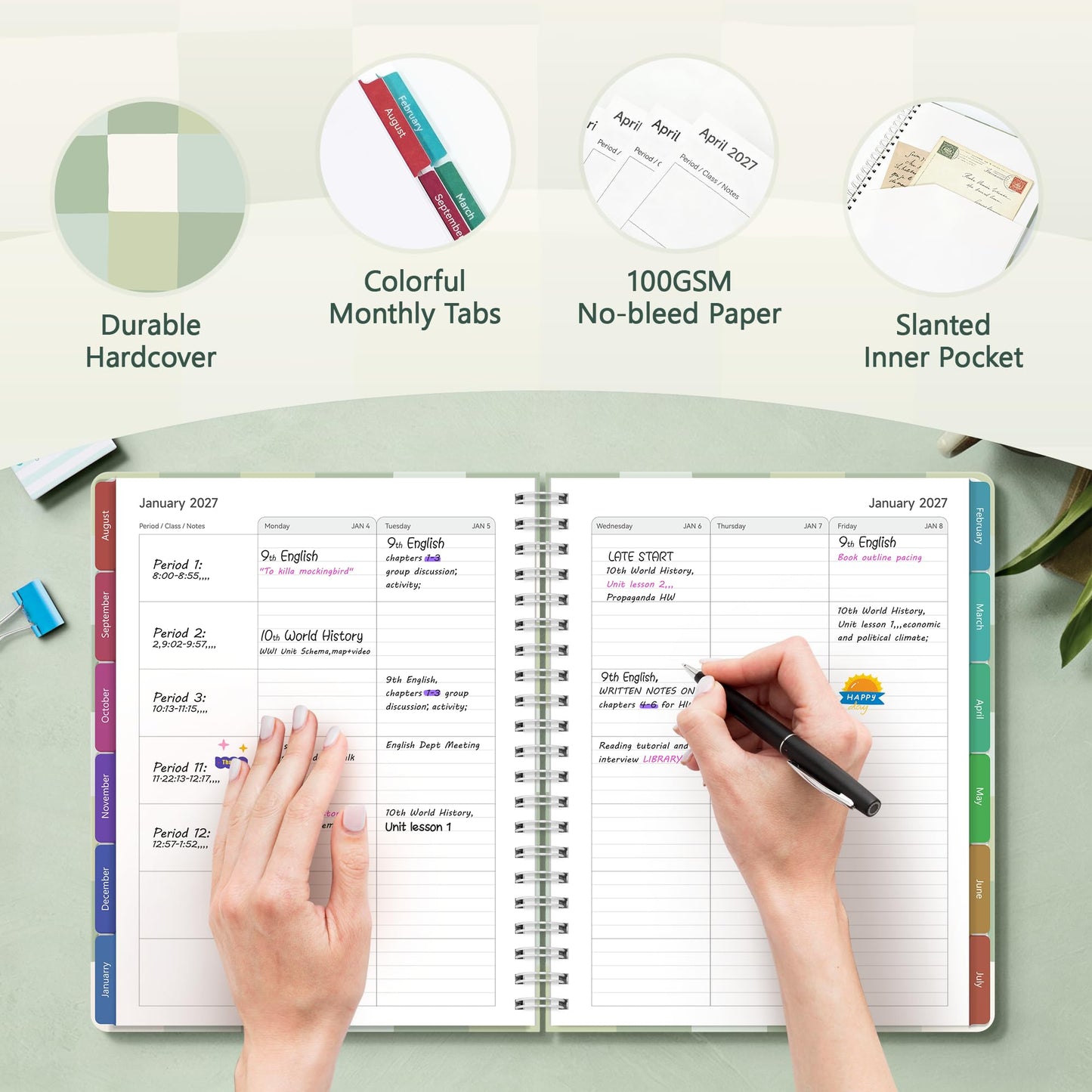 Teacher Lesson Planner 2026-2027 Academic Year, Aug 2026-Jul 2027, Deluxe 26-27 Lesson Plan Book for Teachers Supplies & Homeschool Planner with Pocket & Monthly Tabs, 8.5" x 11", Green Checkered