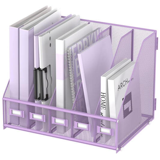 SUPEASY Desk Organizers Metal Desk Magazine File Holder with 5 Vertical Compartments Rack File Organizer for Office Desktop, Classroom, Home Workspace, Purple