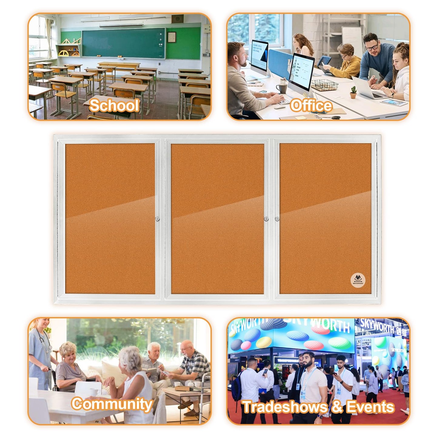 Lockable Outdoor Enclosed Bulletin Board, Weatherproof Cork Noticeboard with Locking Door, Wall-Mounted Aluminum Silver Framed Display Case for Messages,70x36 Inch