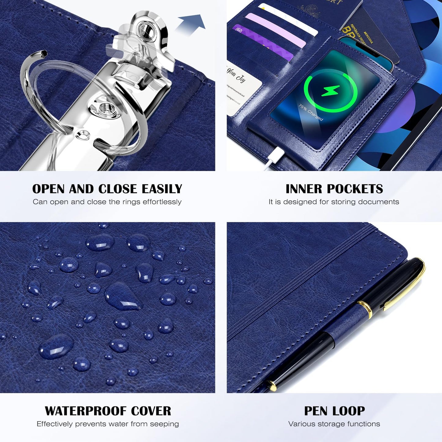 Ospelelf Leather 3 Ring Binder for Letter Size Documents with Durable Pocketed Dividers, Storage Bag & Notepad, 1 Inch Round Rings, Holds 175 Sheets, for Office School Home Organization, Deep Blue