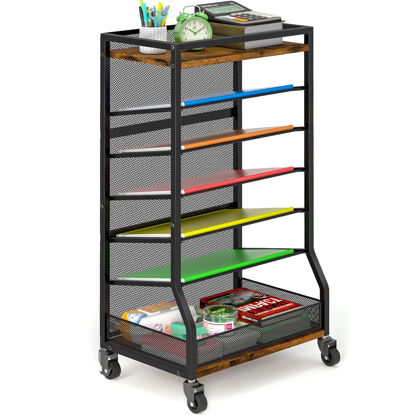 ThreeHio 7 Tier Rolling File Cart with Sliding Trays, Wood Metal File Organizer Beside Desk, Free-Standing File Holder, Paper Letter Tray Organizer Mesh Desk Organizer for Home Office School (Patent)