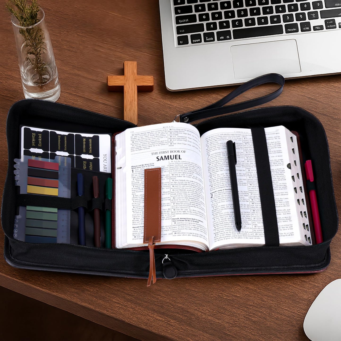 XKDOUS 20 Pcs Leather Bible Cover Kit for Men Brown Bible Cover Case Black Bible Bag with Study Supplies Large Church Bag Holder Carrying Case Fathers Day Gifts for Dad