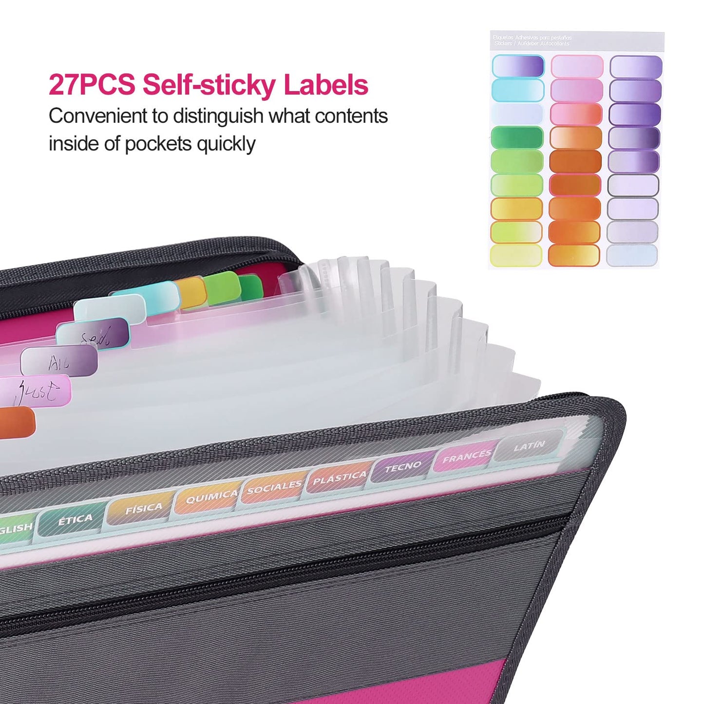 MEGREZ A4 Paper File Folder with 13 Pockets, Accordion File Folder with Zipper File Folder Organizer for Office, Waterproof Expanding File Folder with Tabs, Pink & Blue(2 Packs)