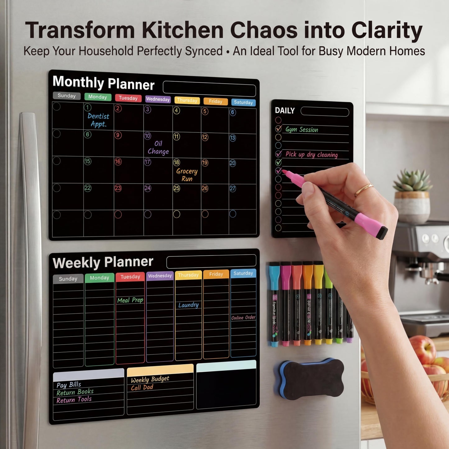 AUVIREC Magnetic Black Calendar for Refrigerator (3-Pack, Ships Flat) - 17"x12" Monthly, Weekly & Daily Planner with Lined Grids - Nano-Tech Dry Erase Fridge Board, 8 Neon Liquid Chalk Markers