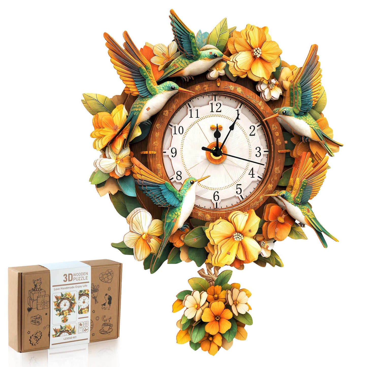 Rnfinewow 3D Wooden Puzzles for Adults, Hummingbird Clock with Pendulum Model Kit, 3D Puzzles for Adults Room Home Decor DIY Wall Clock Kit, Holiday Birthday for Men Women Teens