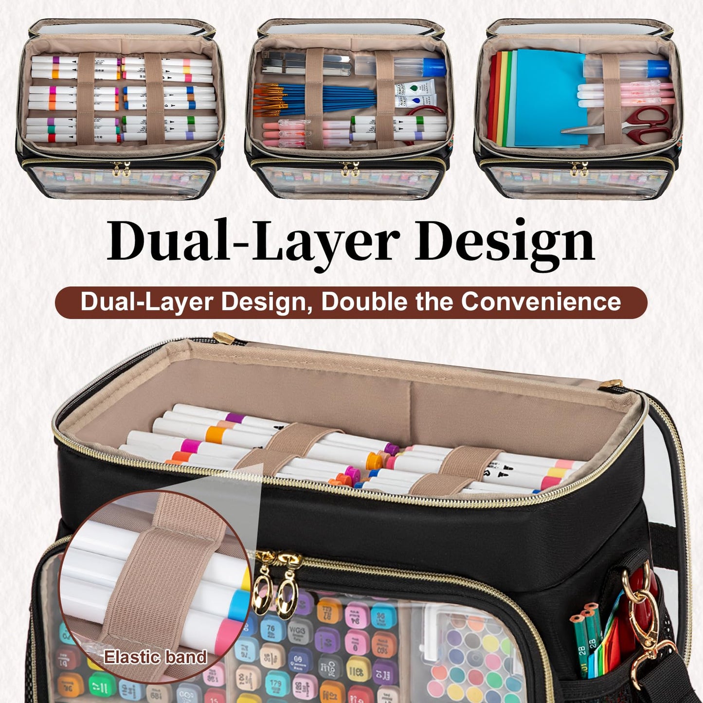 Wigojoy Large Marker Organizer Case for 200-300 Markers, Double-Layer Marker Bag with Removable Dividers, Marker Organizer for Markers, Pencils, Crayons or Other Art Supplies, Black (Bag Only)