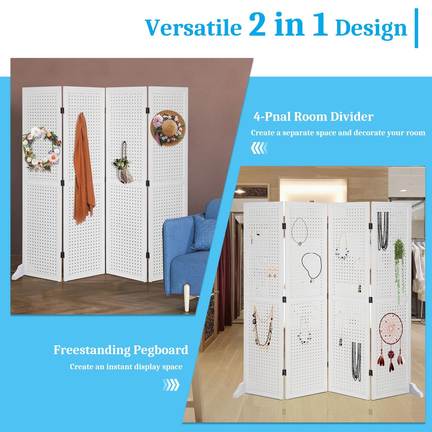 Bonnlo 4 Panel Pegboard Freestanding, 5 FT Portable Display Board Organizer for Craft Show Jewelry, Wooden Folding Privacy Screen Room Divider (with Base, White)