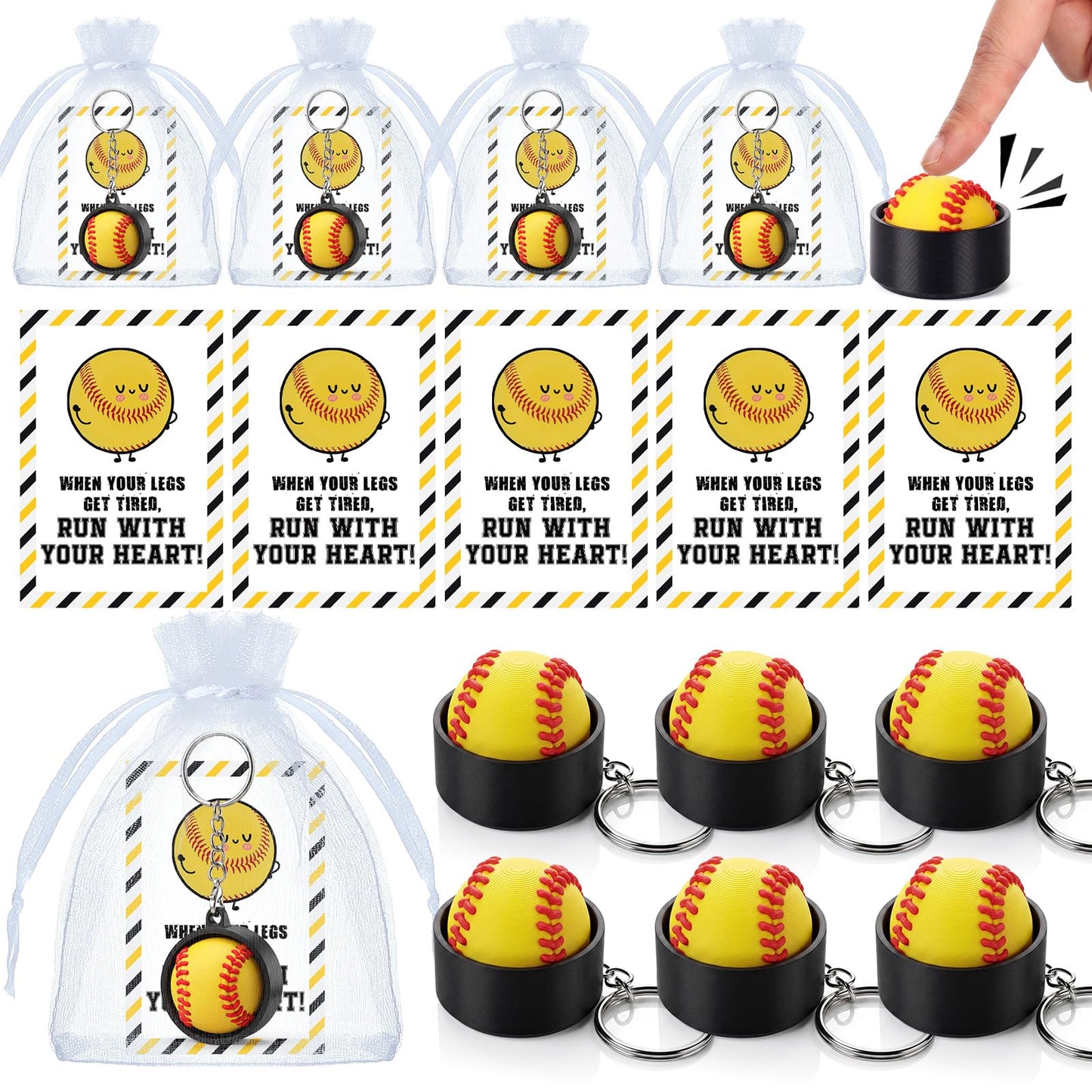 Junkin 12 Set Softball Fidget Clicker Keychain Gifts 3D Printed Softball Sensory Clicker Keychain with Inspirational Cards Anxiety and Stress Relief for Graduation Sports Team Adults Party Decorations