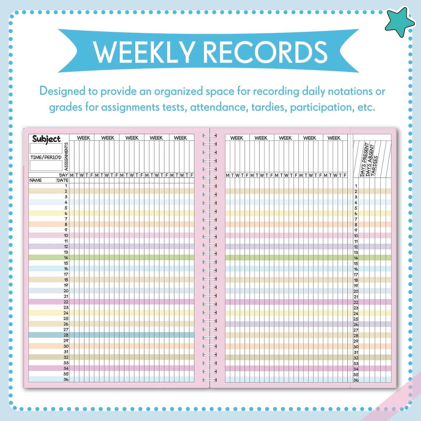 Fuyoooo Teacher Record Book Teacher Grade Books 2026-2027 Spiral Bound Record Planner 2026 Class Grade Book Office Favors for Classroom Attendance Decoration Double Sided(Black,Dots)