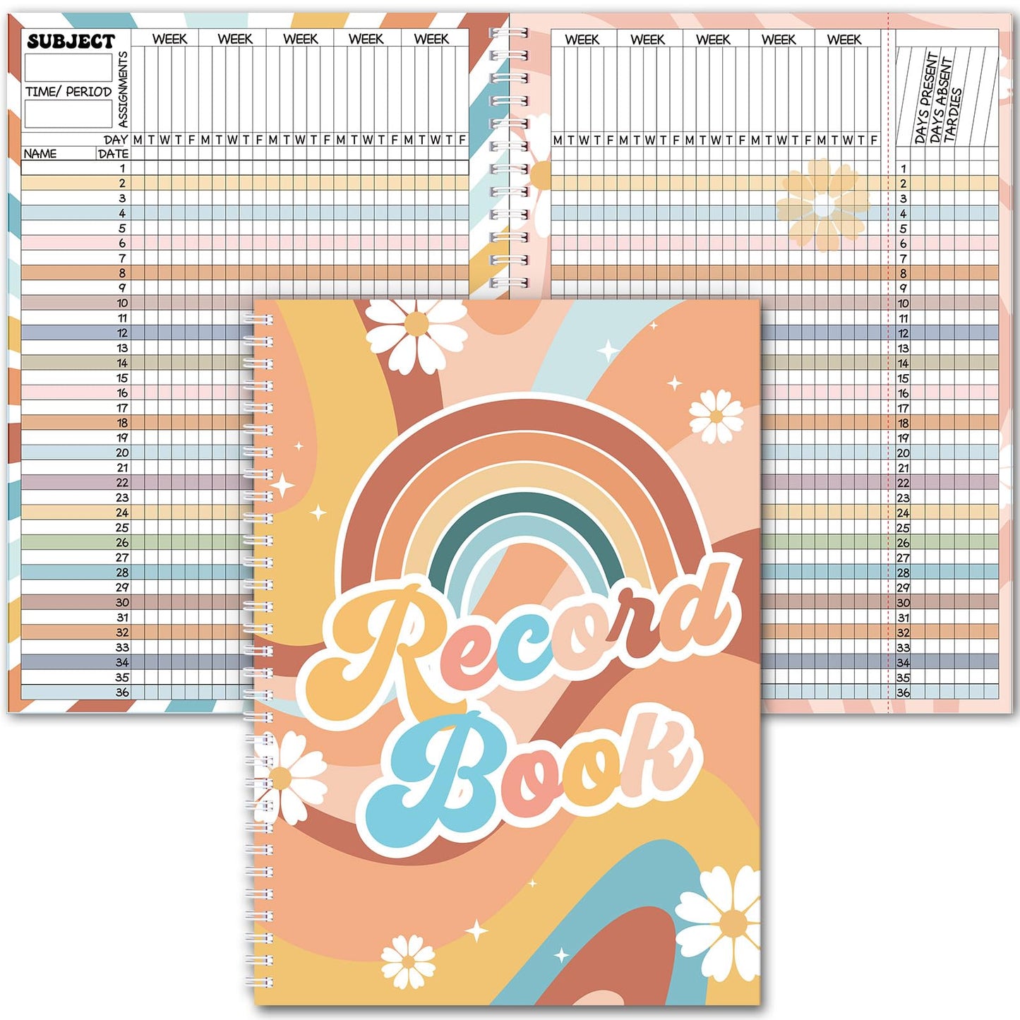 Fuyoooo Teacher Record Book Teacher Grade Books 2026-2027 Spiral Bound Record Planner 2026 Class Grade Book Office Favors for Classroom Attendance Decoration Double Sided(Retro Groovy)