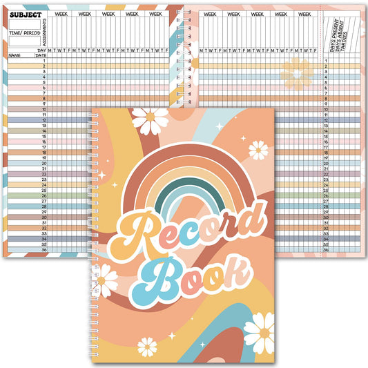 Fuyoooo Teacher Record Book Teacher Grade Books 2026-2027 Spiral Bound Record Planner 2026 Class Grade Book Office Favors for Classroom Attendance Decoration Double Sided(Retro Groovy)