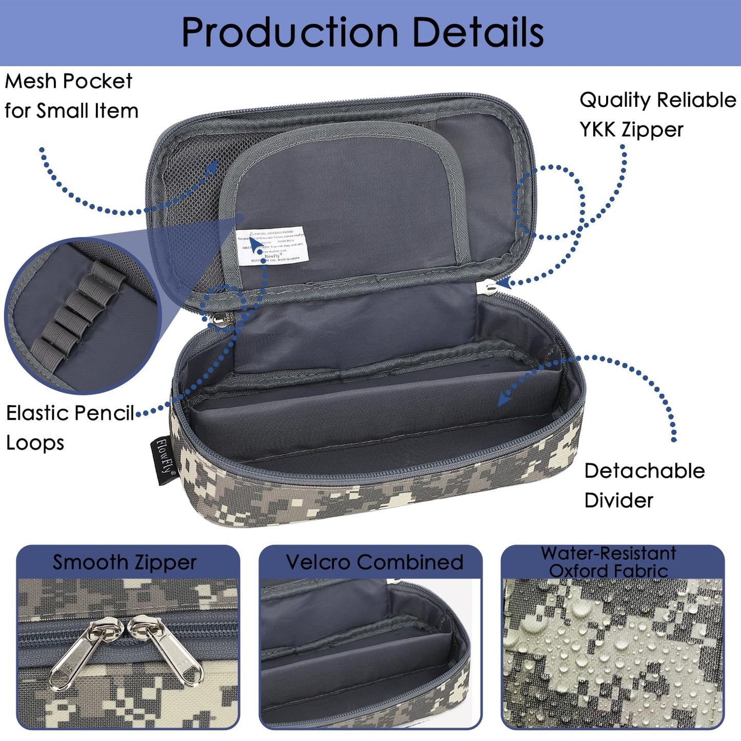FlowFly Large Capacity Pencil Case for Kids, Boys & Girls – Zippered Multi-Functional Pen Pouch, Soft & Portable Pencil Bag for School, Teens, Students, Digital Camo