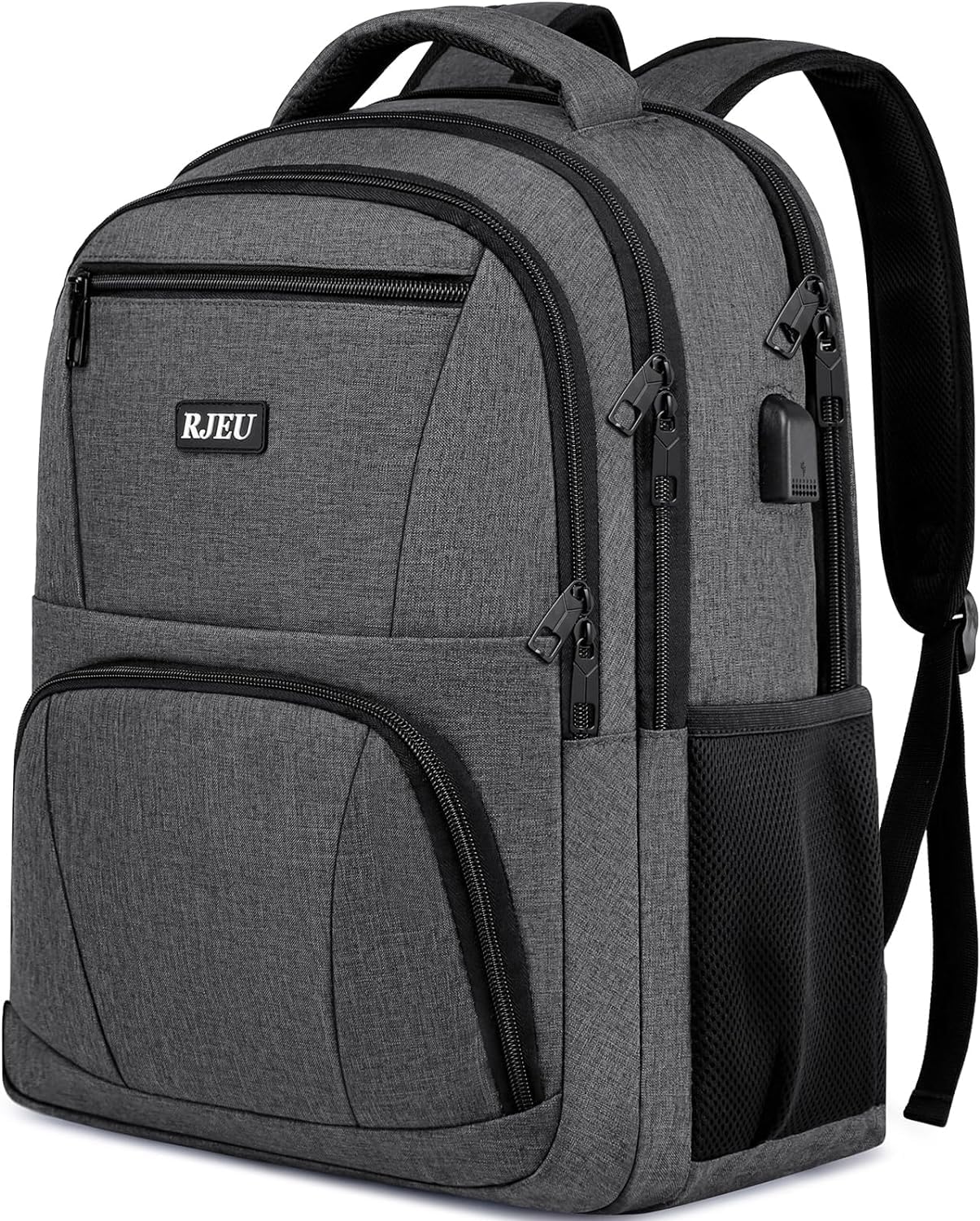 RJEU School Backpack for College Students & Teens - 15.6 Inch Laptop Backpack with USB Charging Port, Ergonomic Shoulder Straps, Water Resistant Travel Bookbag for Men, Women - Grey
