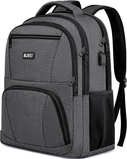 RJEU School Backpack for College Students & Teens - 15.6 Inch Laptop Backpack with USB Charging Port, Ergonomic Shoulder Straps, Water Resistant Travel Bookbag for Men, Women - Grey