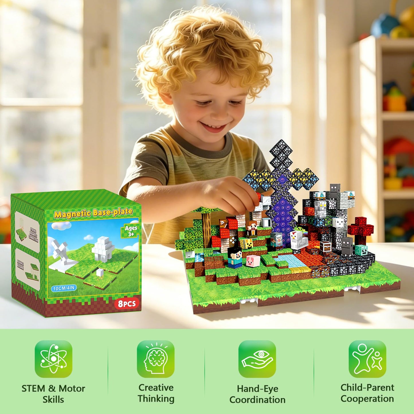 Annexfun Magnetic Blocks Base Plate,8PCS Magnetic Cubes Base-Plate for Magnetic Building Blocks Placing(4" x 4")，STEM Toys for Kids 3-10 Years Old,Perfect for Home Classroom Birthday Gifts